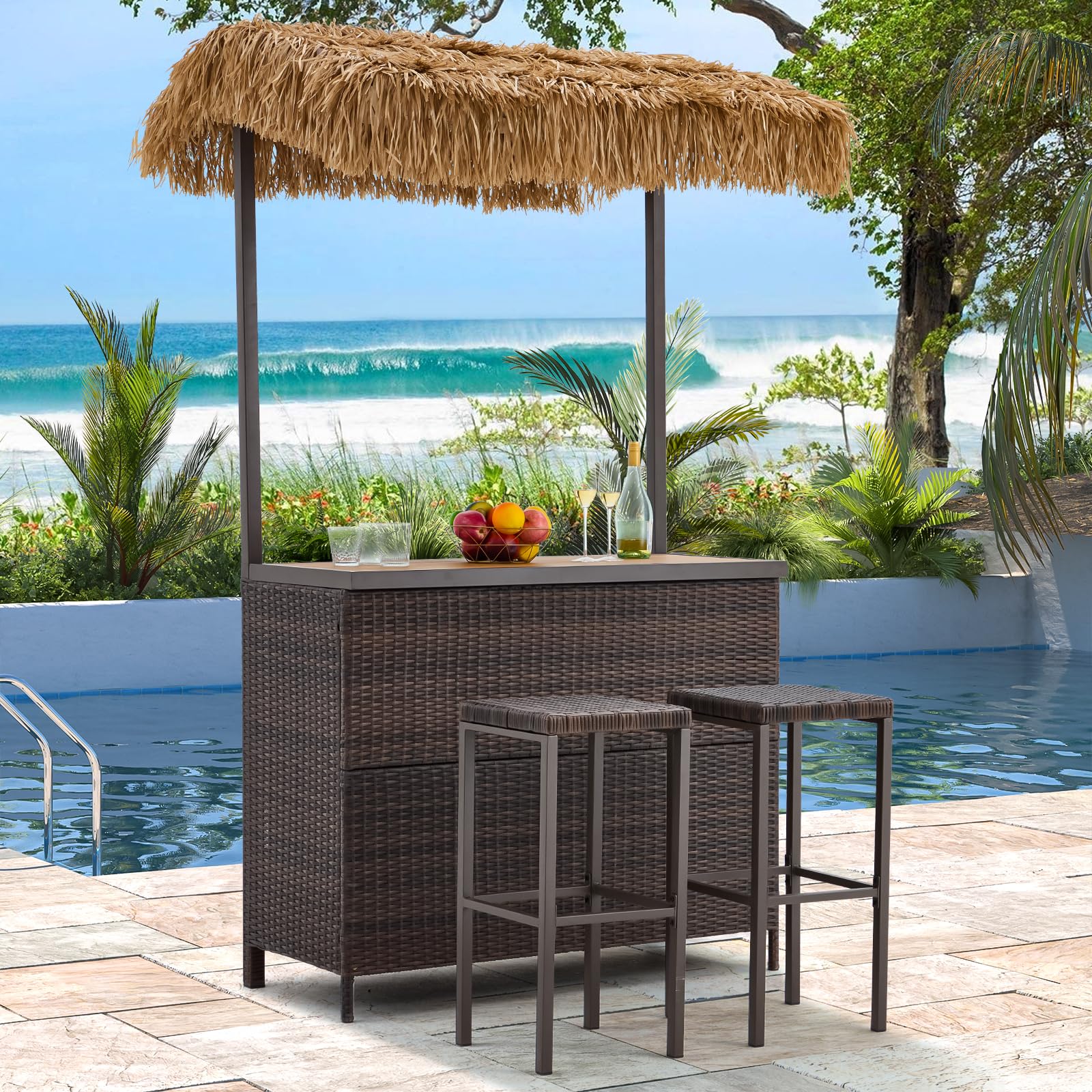 Outdoor Tiki Bar Set with 2 Stools