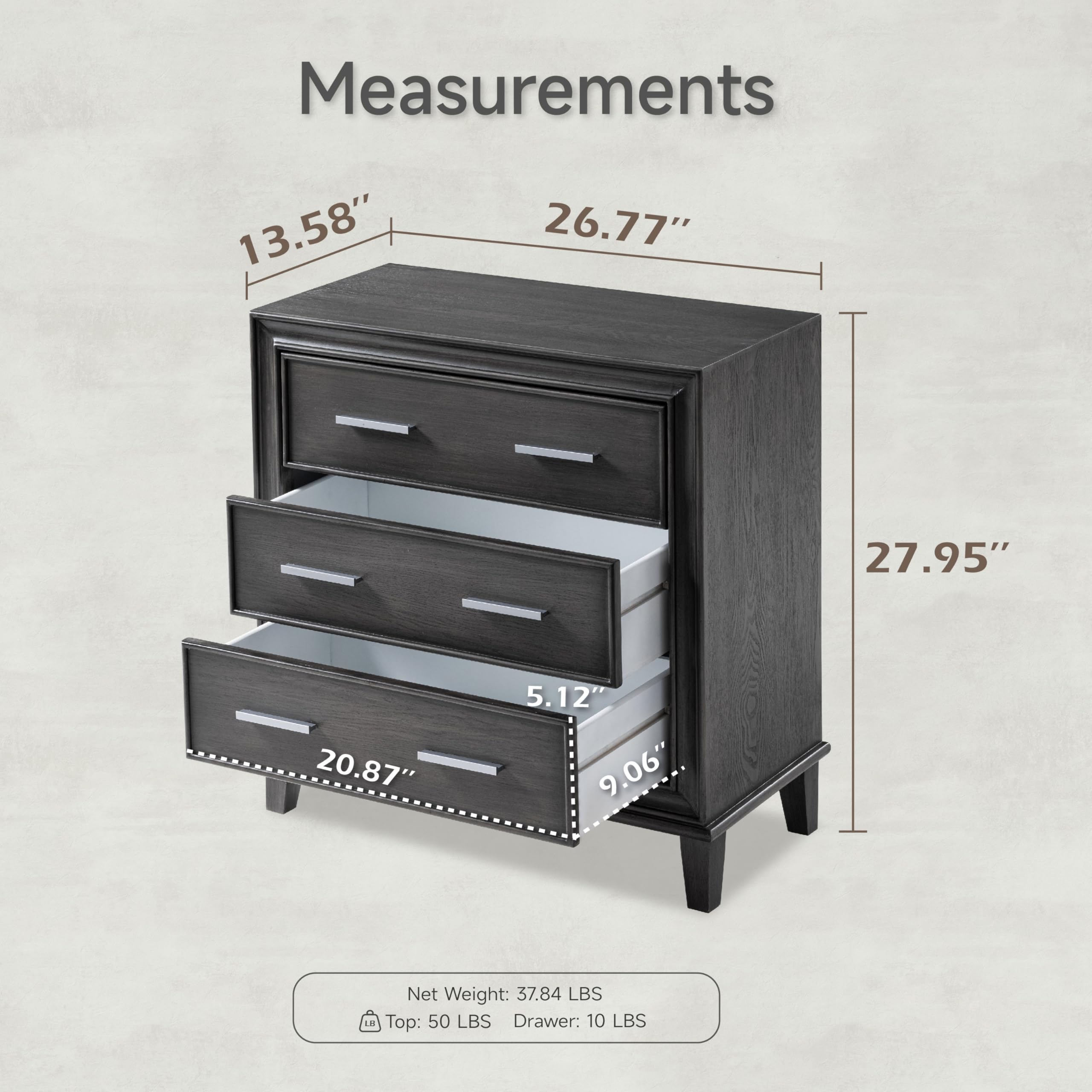 3-Drawer Nightstand with Metal Handles
