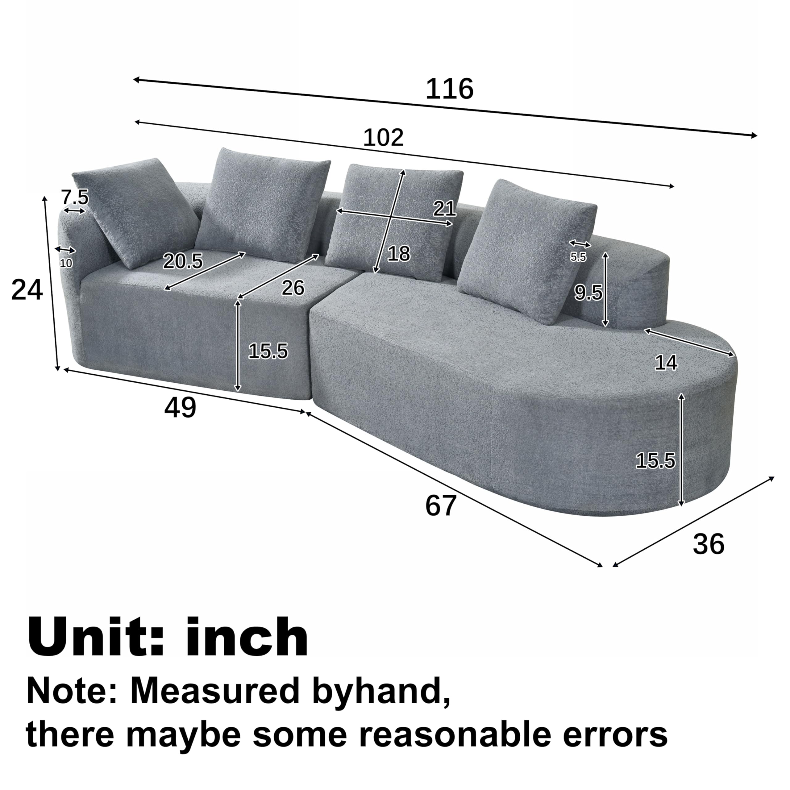 116" Curved Polyester Sectional Sofa with Chaise Lounge