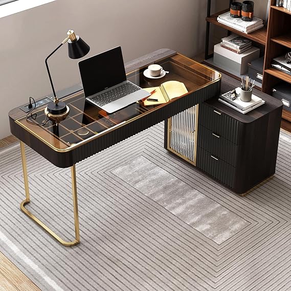 Modern Computer Desk with Retractable Cabinet and LED Lights