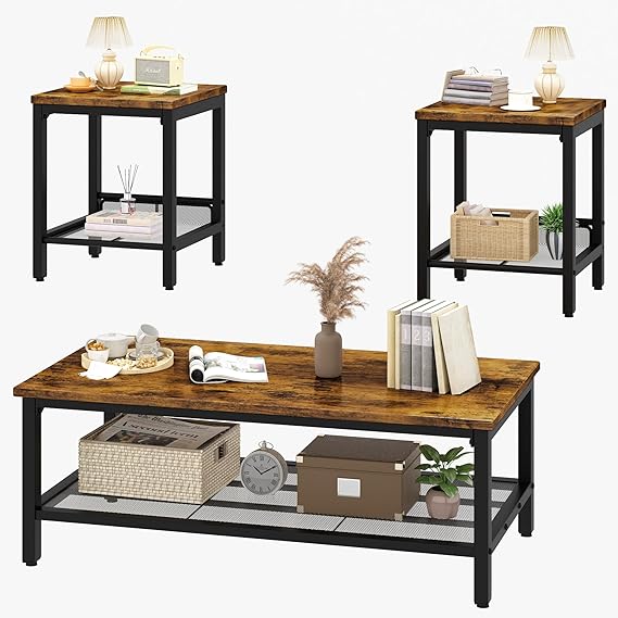 3-Piece Industrial Coffee Table Set with End Tables