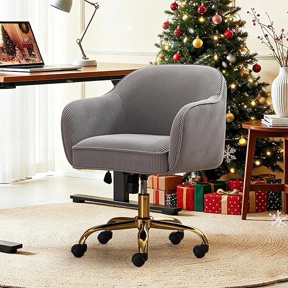 Velvet Upholstered Office Chair with Gold Wheels - Ergonomic Swivel Desk Chair