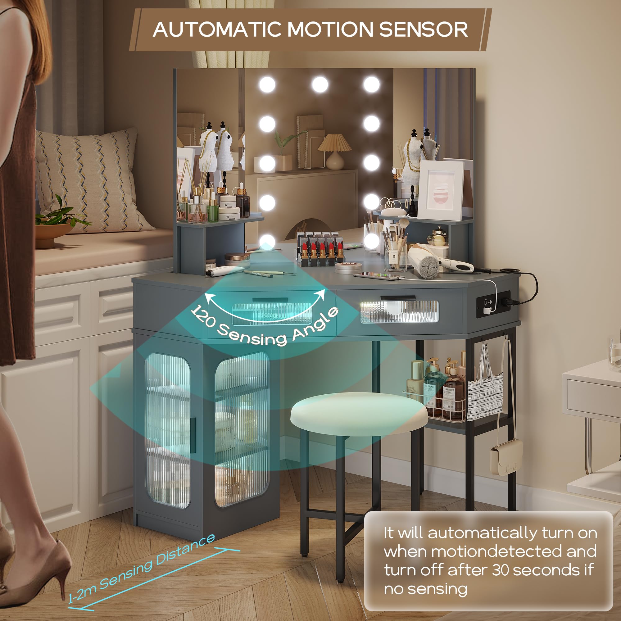 Corner Makeup Vanity Desk with Hollywood Mirror and Lights