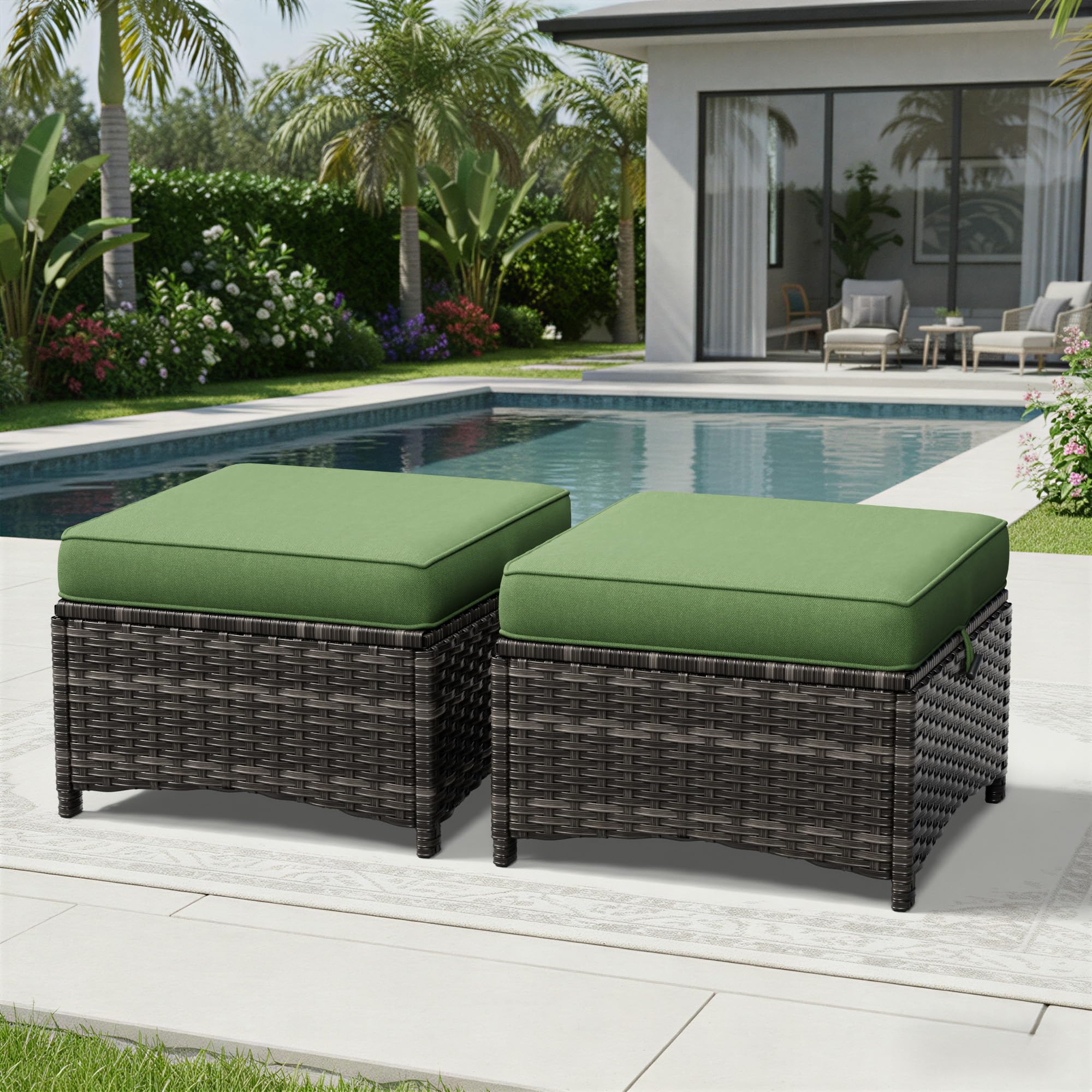 Outdoor Wicker Ottoman Set of 2 with Cushions