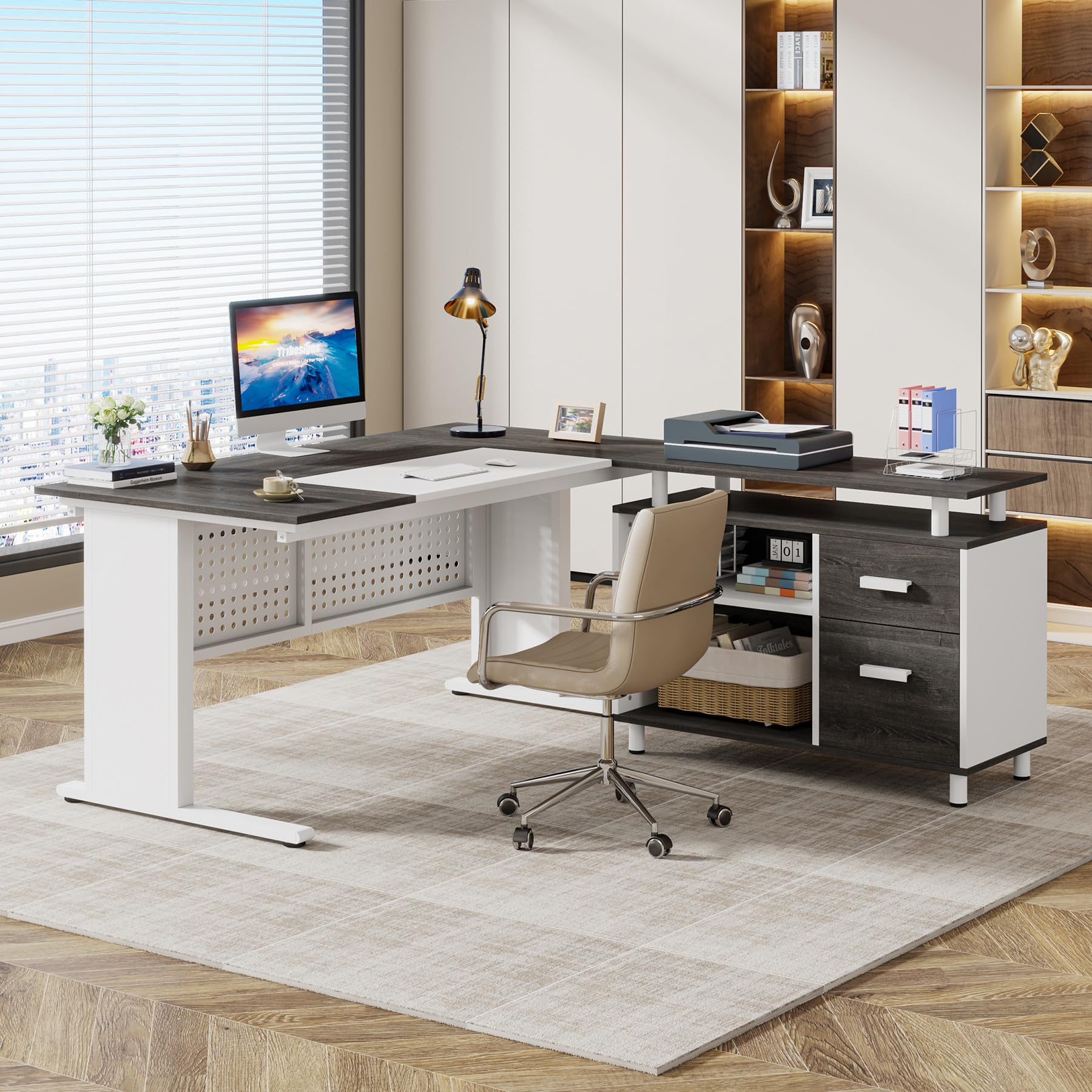 63 Inch L-Shaped Executive Desk with File Cabinet and Storage Shelves