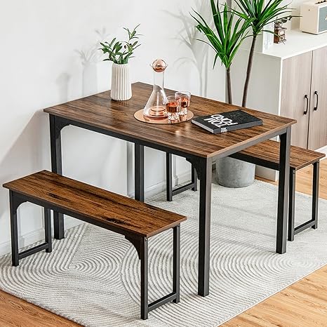 3-Piece Dining Table Set with Benches for 4-6 People