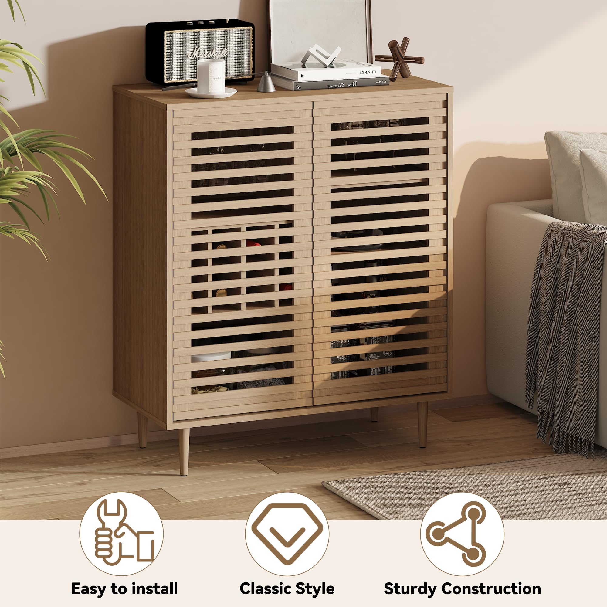 Mid Century Bar Cabinet with Wine Racks and Slatted Doors