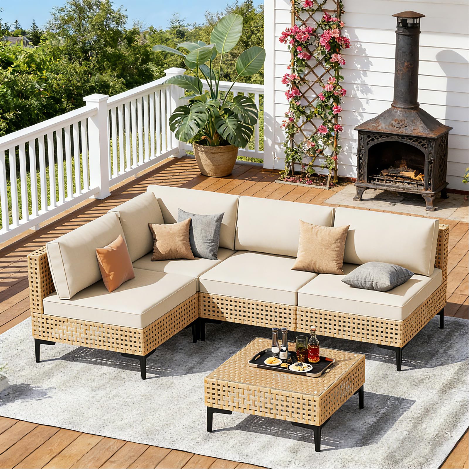 5-Piece Wicker Patio Furniture Set with Coffee Table