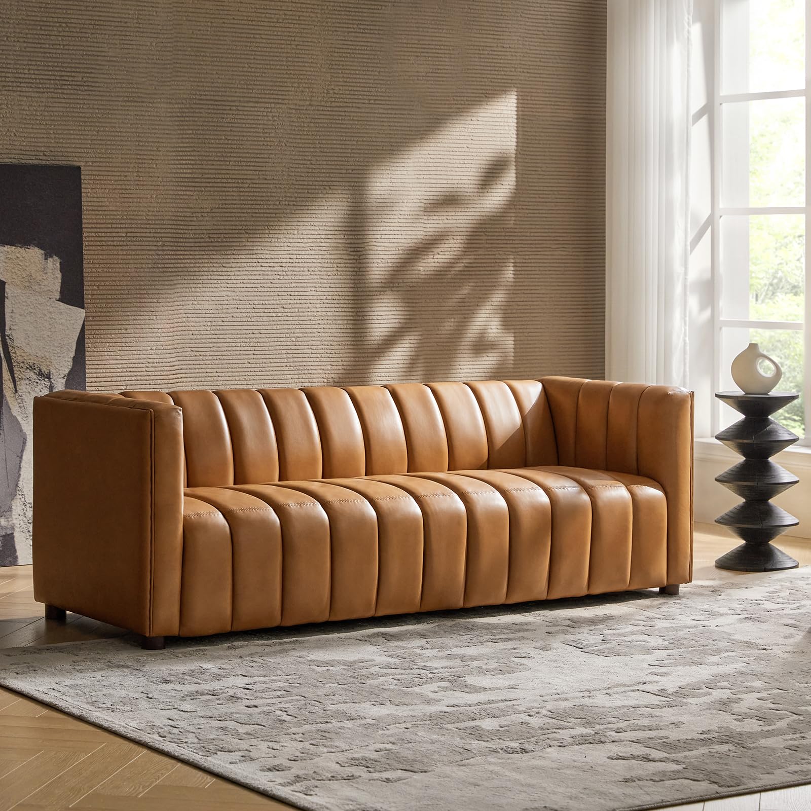 83" Genuine Leather Channel Tufted Sofa