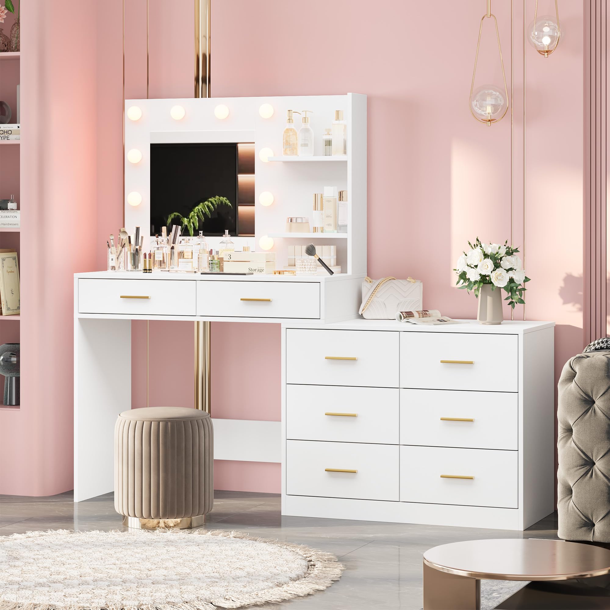 61 in Makeup Vanity Desk with Mirror and Lights