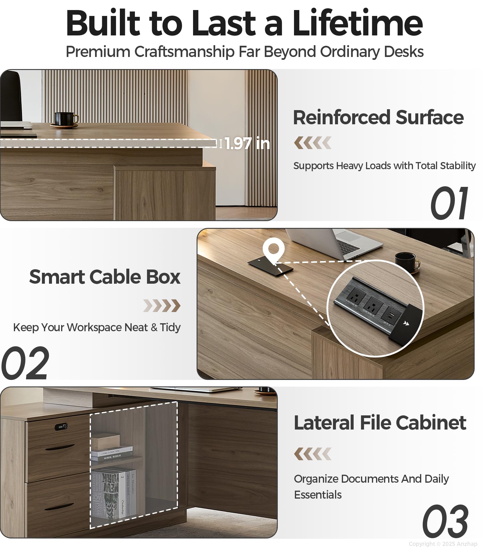 63-Inch Reversible L-Shaped Executive Desk with Lateral File Cabinet
