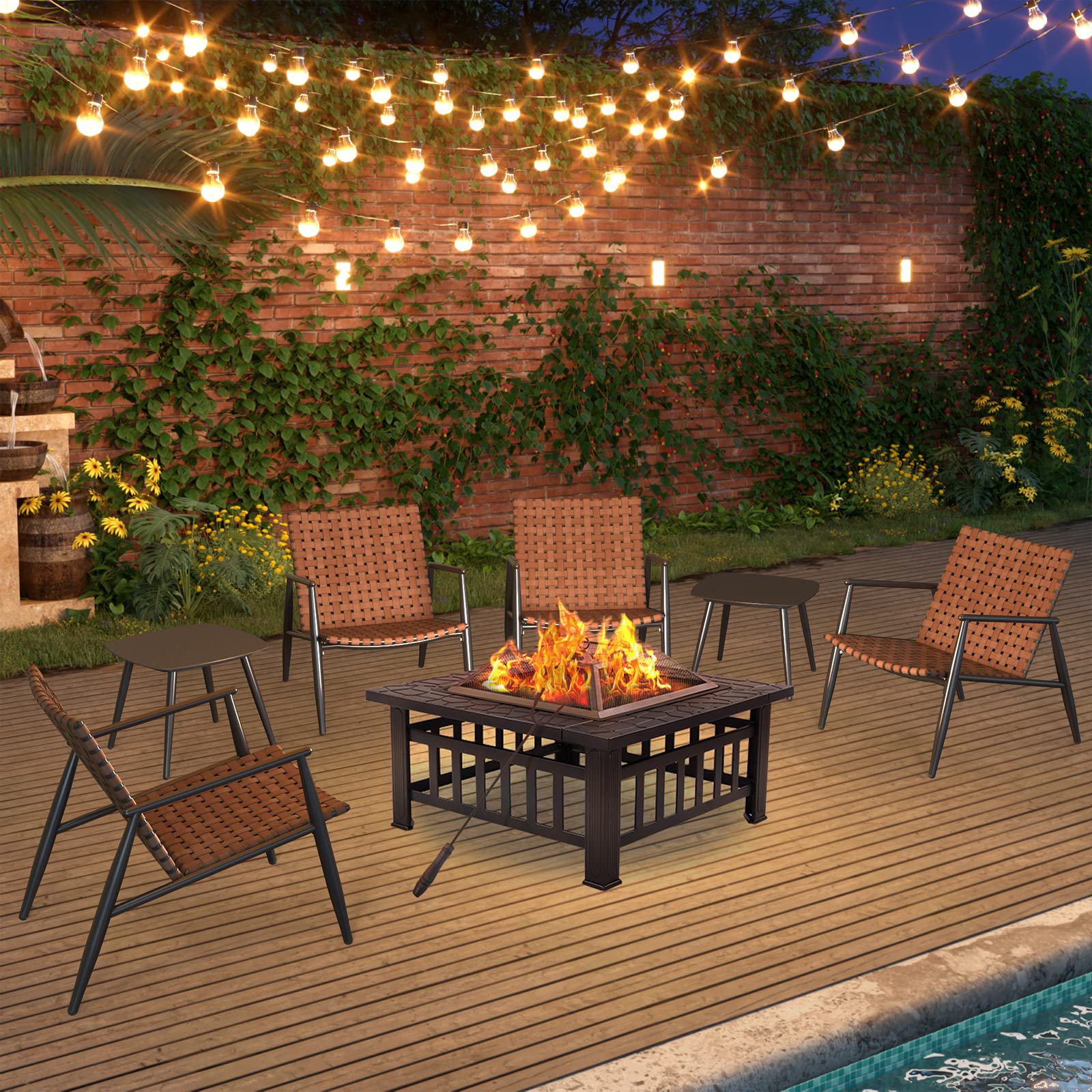 Outdoor Bistro Set 3 Pieces Leather-Look Wicker Patio Chairs with Side Table