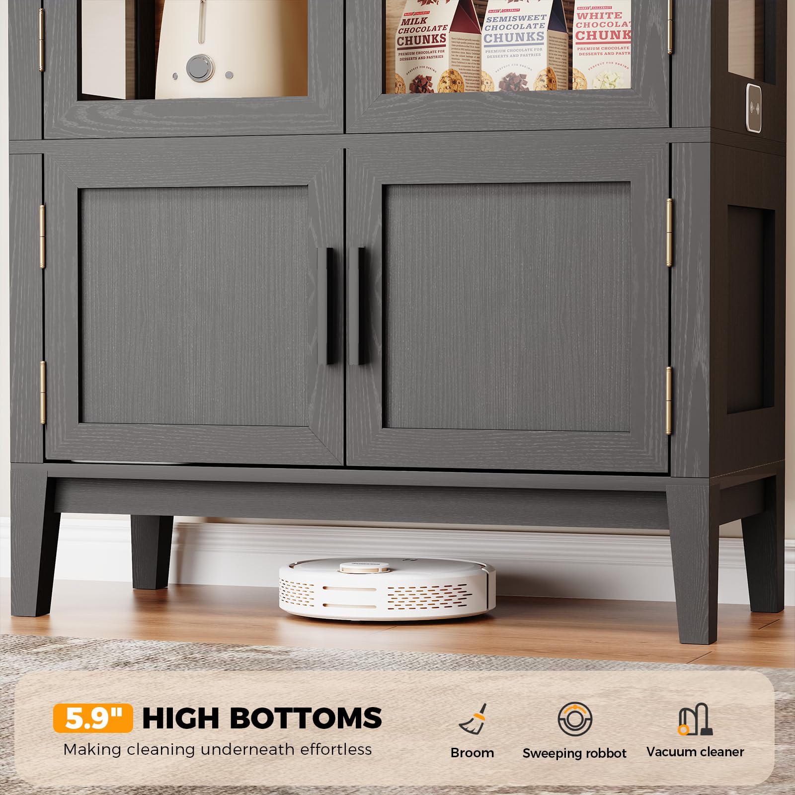 Arched Glass Door Pantry Cabinet with LED Lights