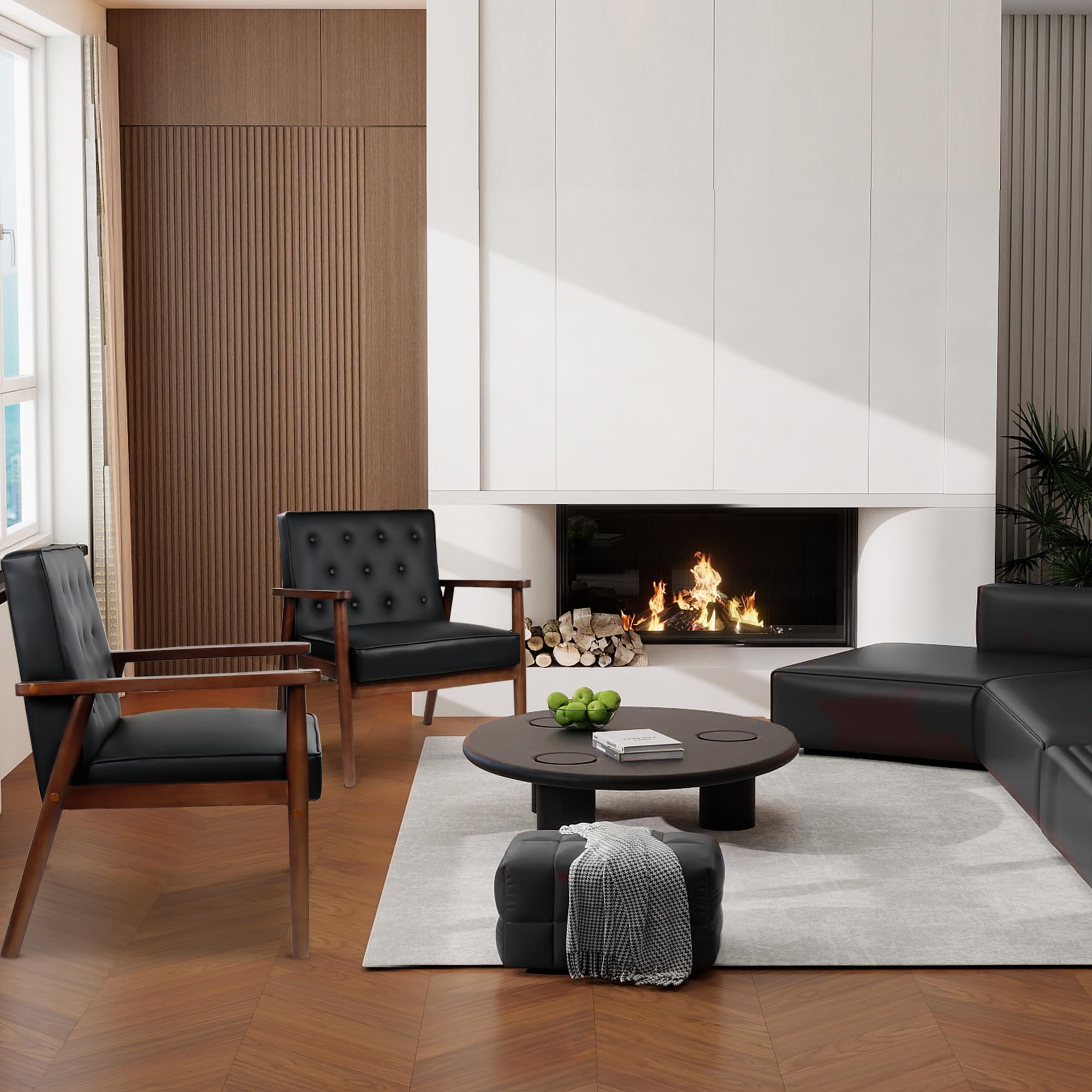 JIASTING Mid-Century Retro Modern Solid Wood Armrest Accent Chair, Faux Leather Tufted Back Upholstered Lounge Chairs, Living Room Furniture (Black 8325)