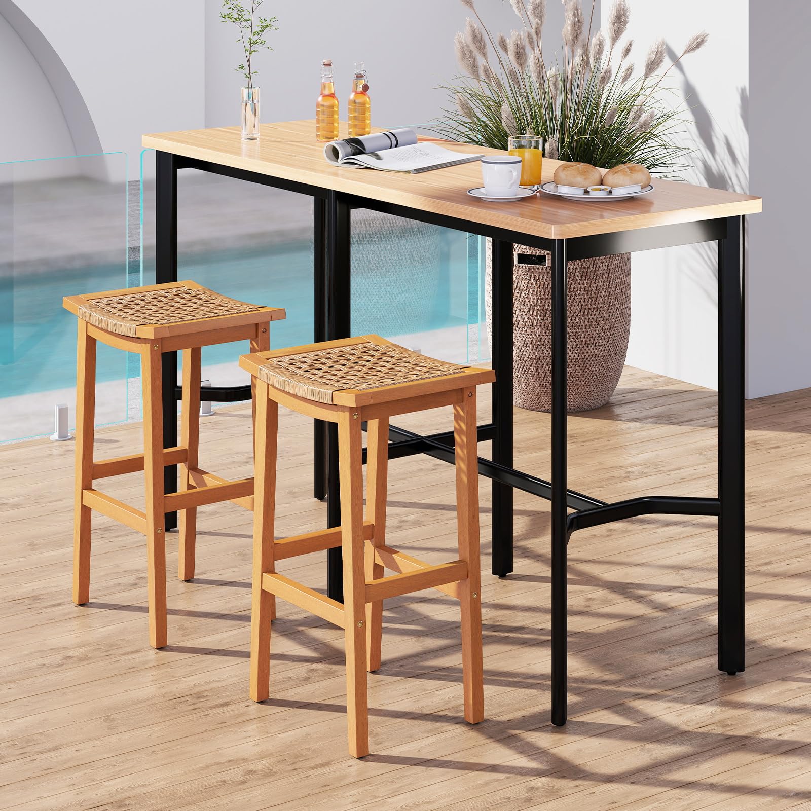 Outdoor Wooden Bar Stools Set of 2, 29" Backless with PE Rattan Saddle Seat