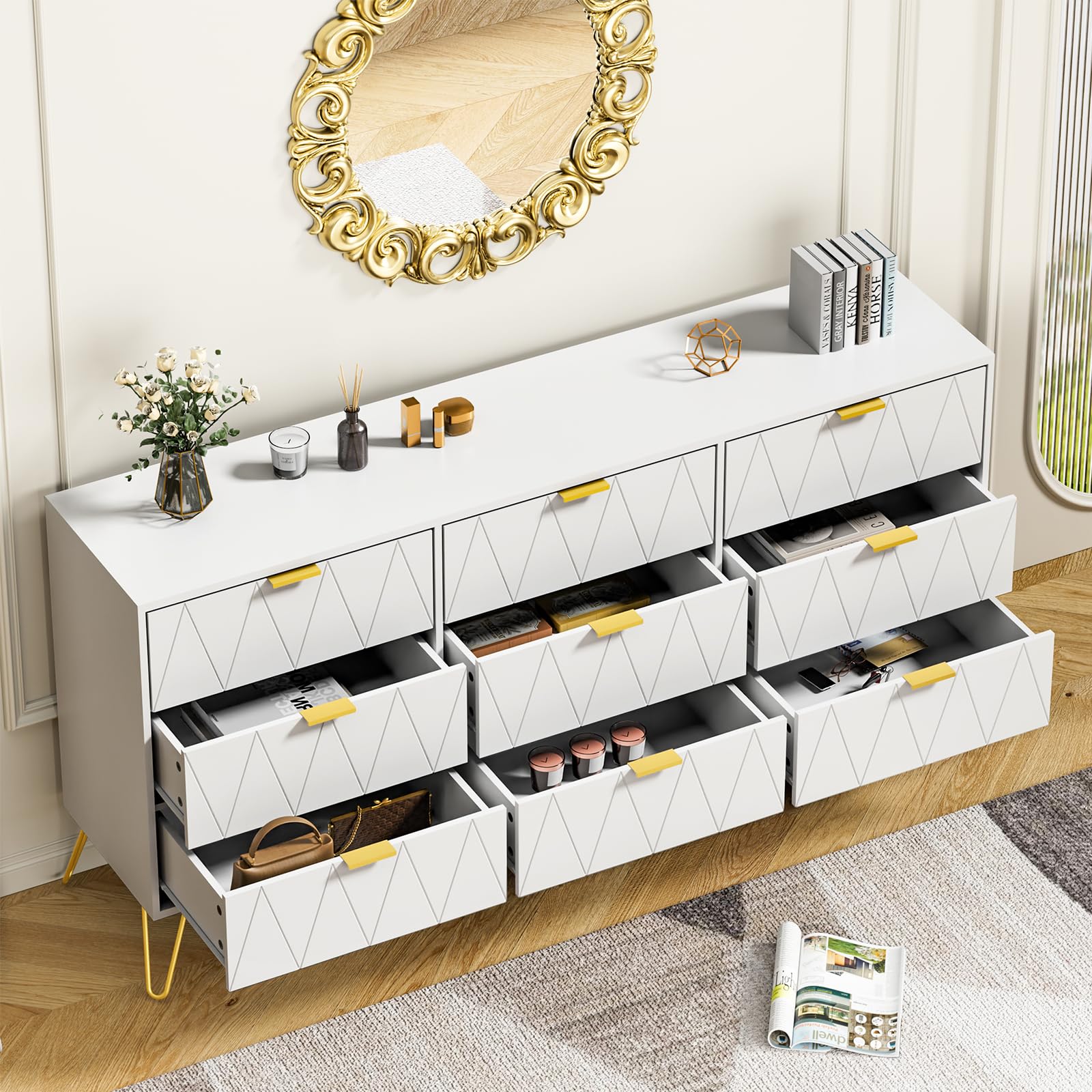 White 9 Drawer Dresser with Deep Drawers and Gold Handles