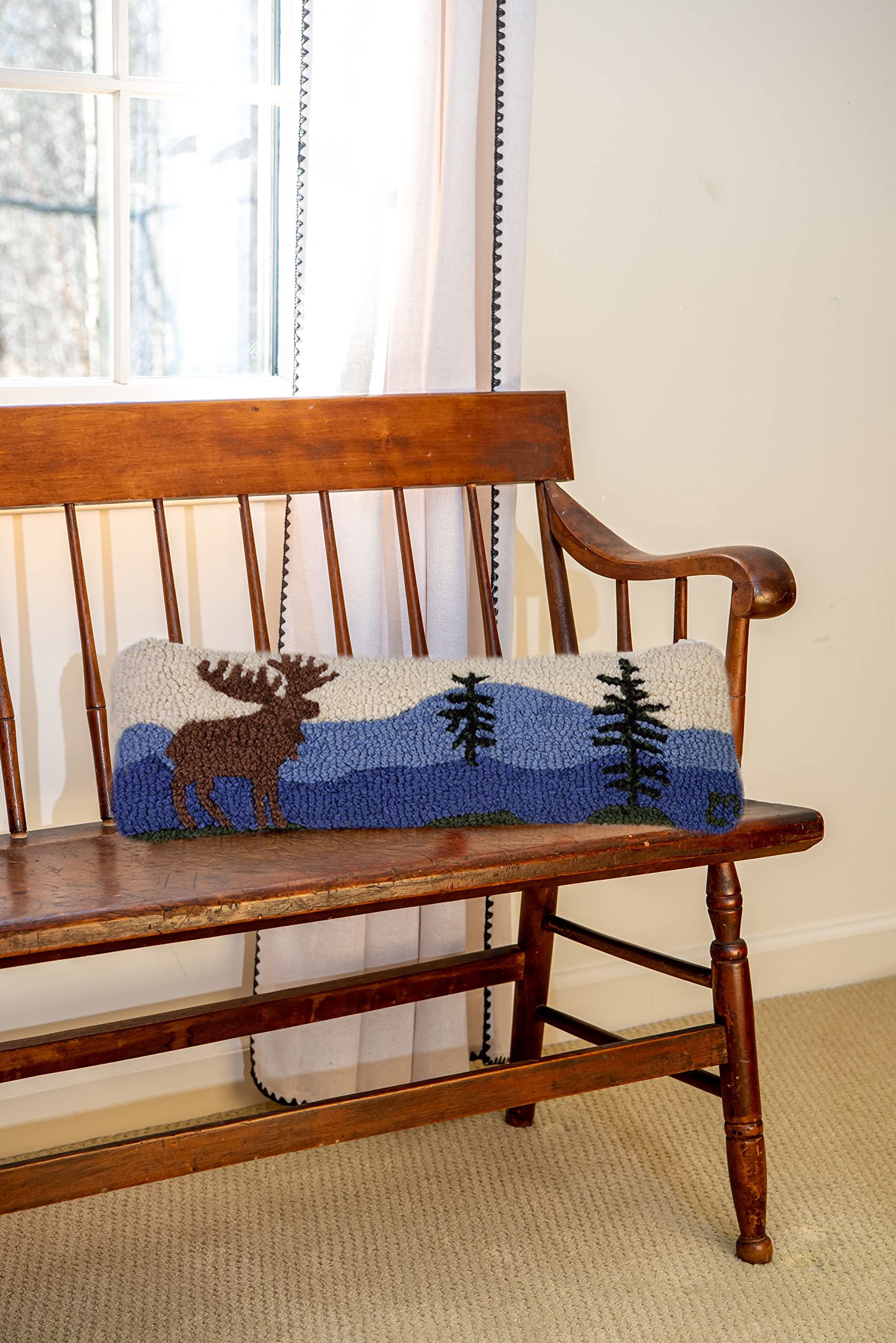 Mountain Moose Hand-Hooked Wool Throw Pillow