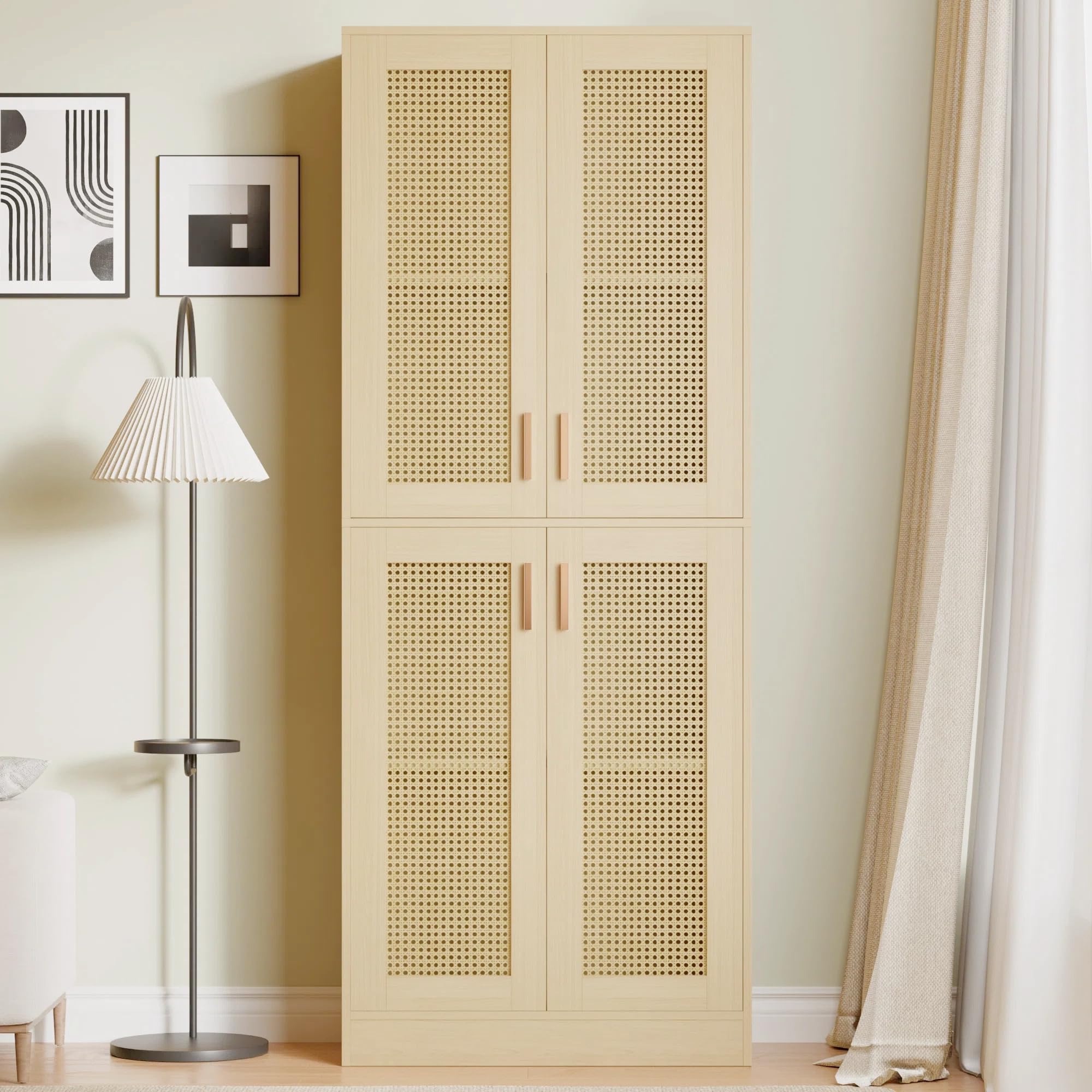 Tall Rattan Storage Cabinet with Adjustable Shelves