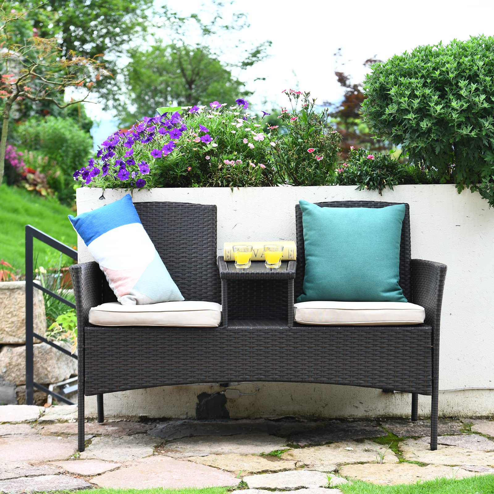 Outdoor Rattan Loveseat Conversation Set with Cushions & Coffee Table