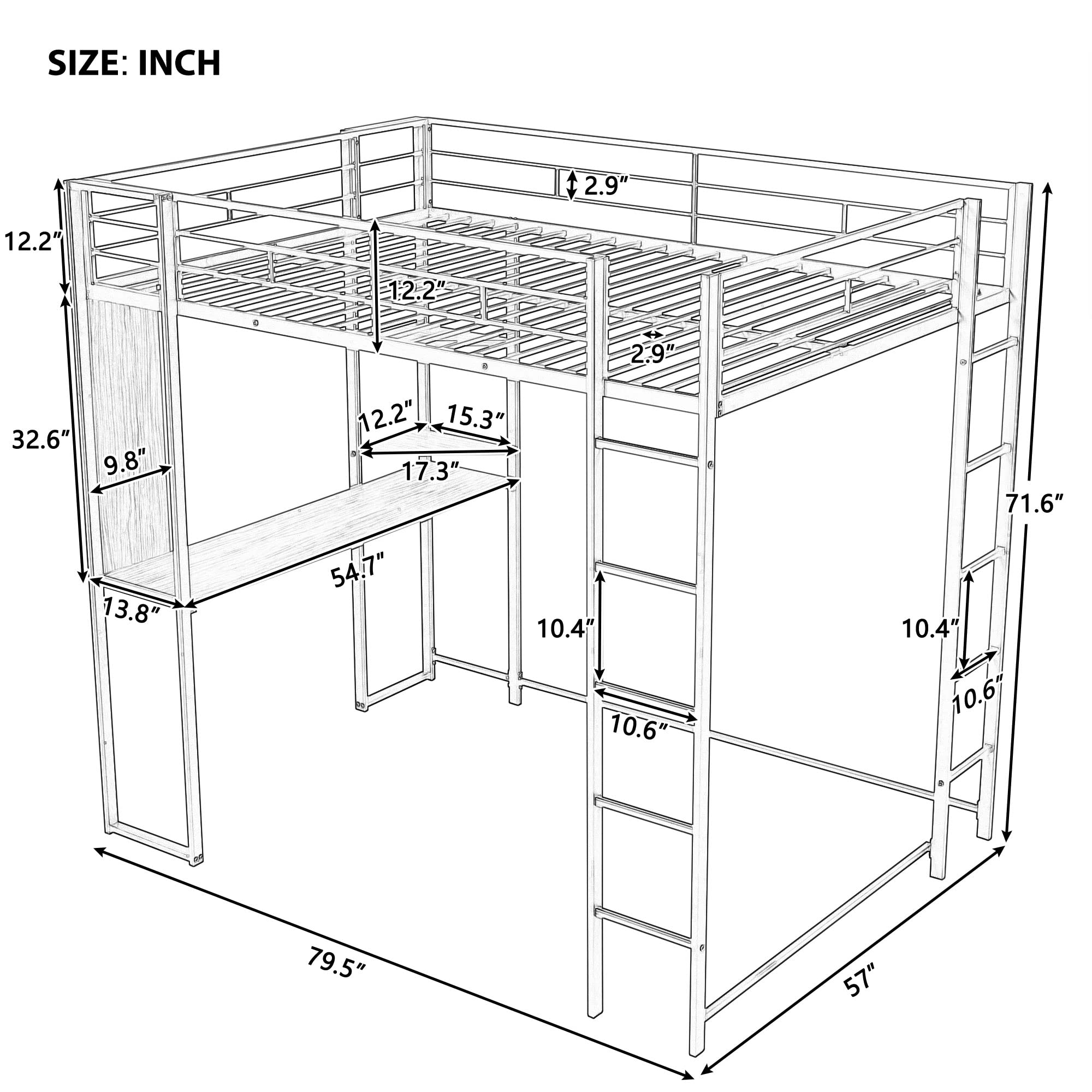 Full Loft Bed with Desk and Ladder - White Metal Frame