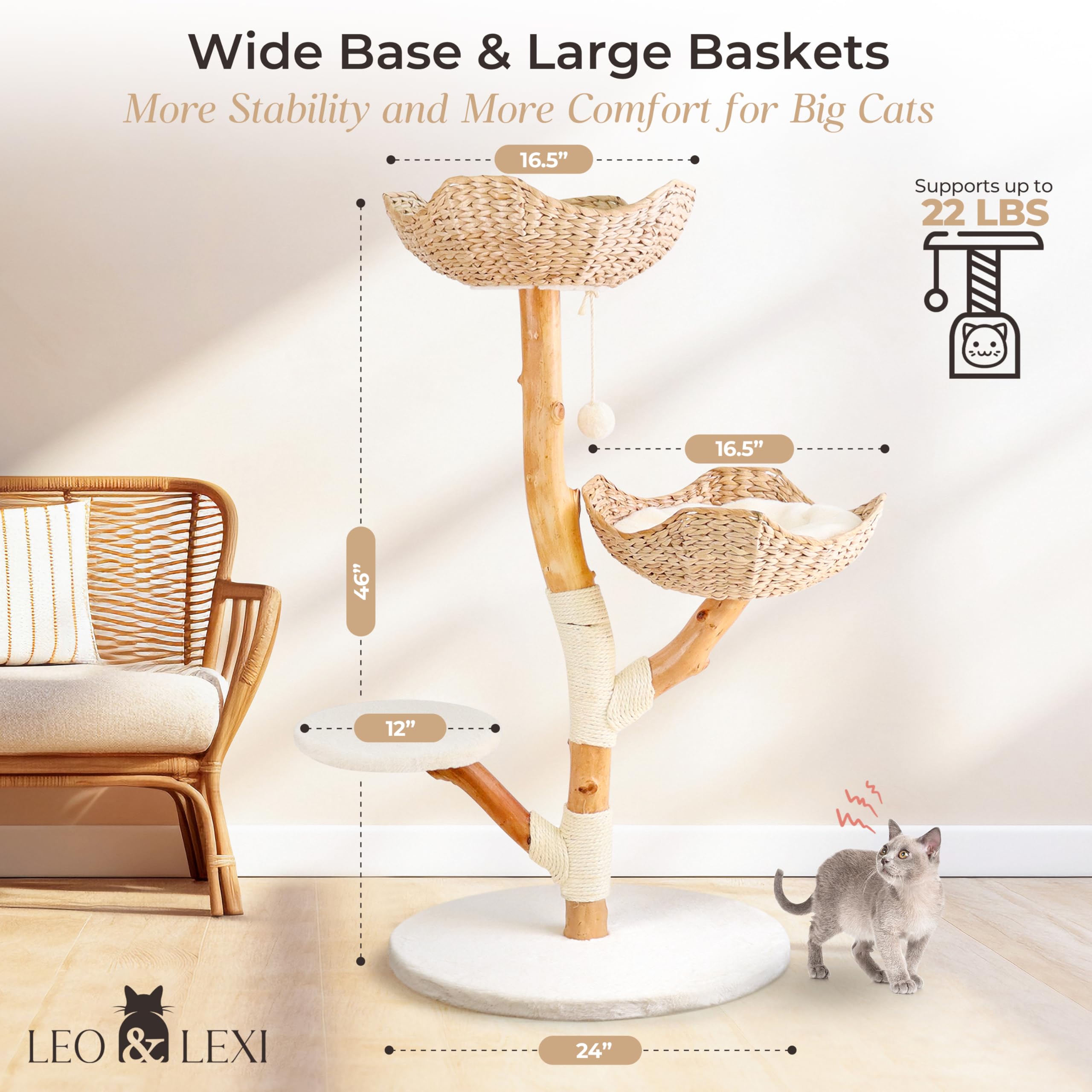 Modern Wood Cat Tree Tower with Scratching Post and Bed