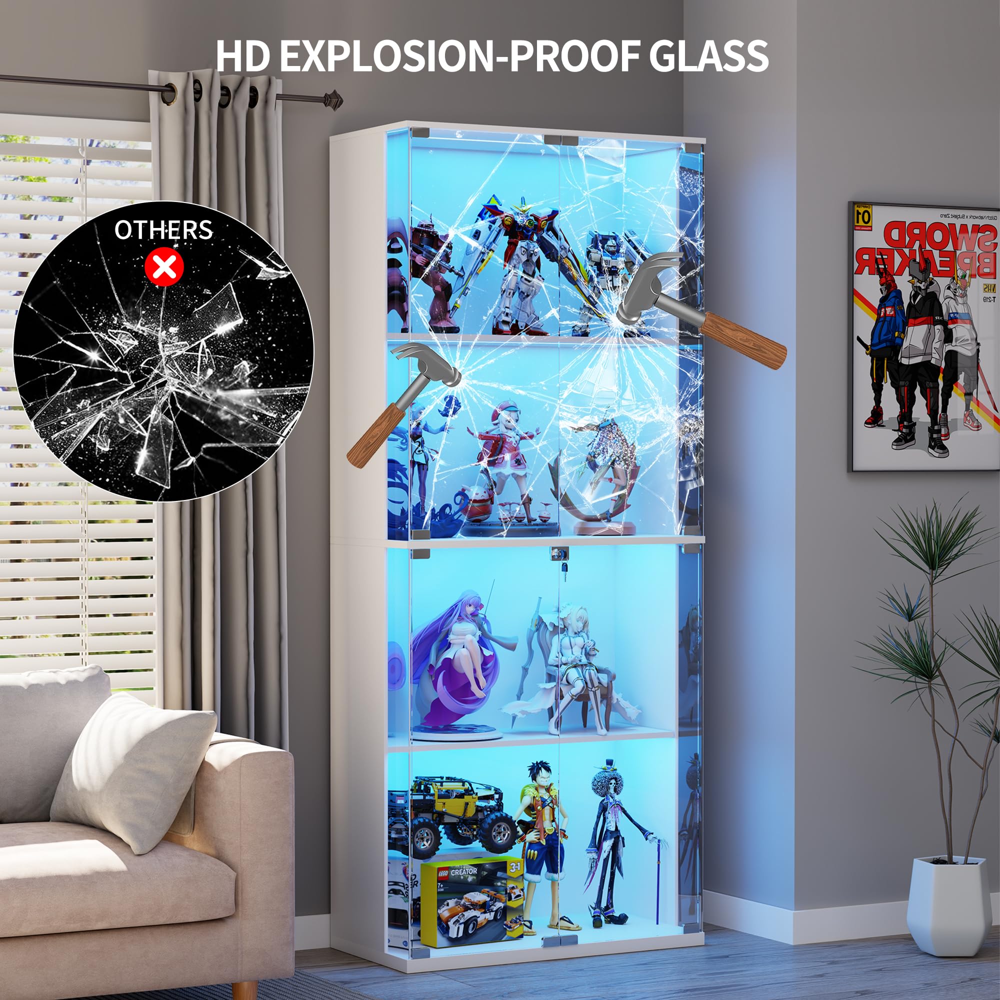 Glass Display Cabinet with LED Lights 4-Tier Curio Display Case with Lock