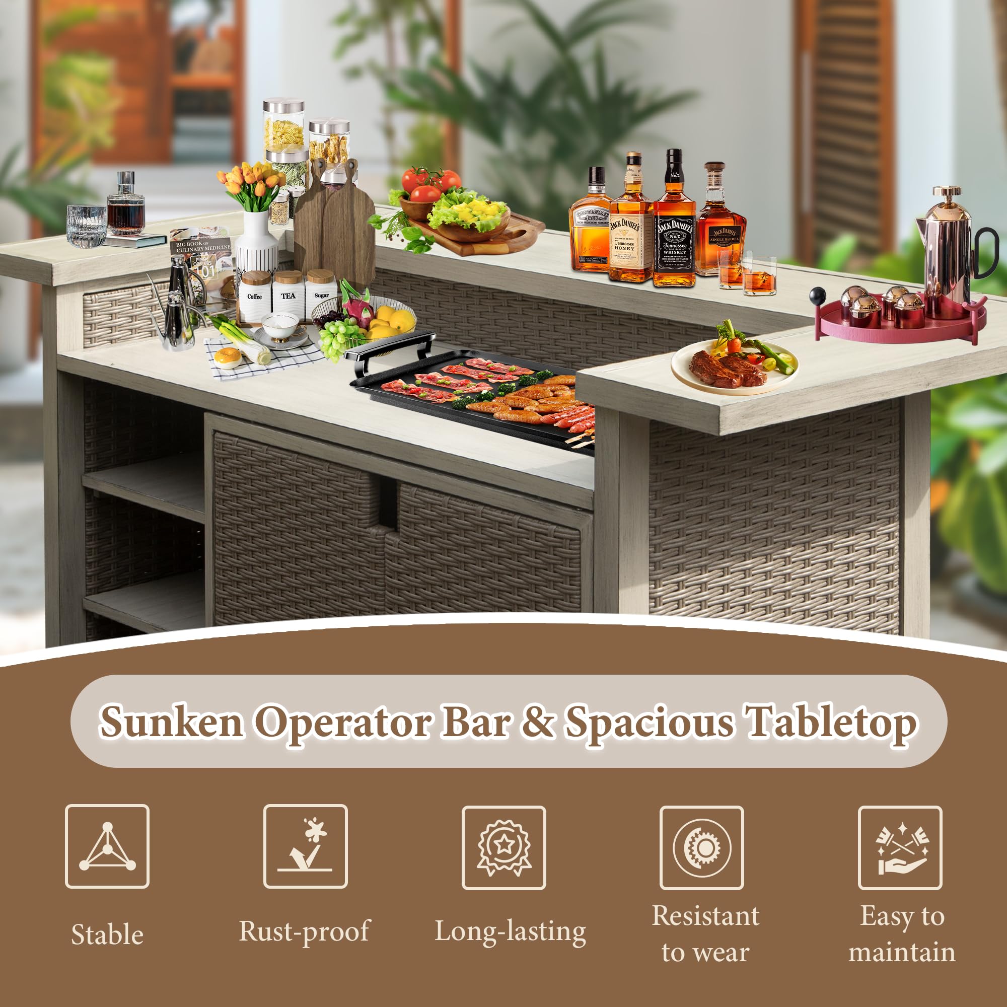 Outdoor Aluminum PE Wicker Bar Table with Storage Cabinet