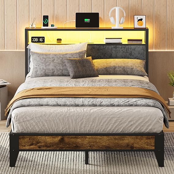 King Bed Frame with LED Headboard and Charging Station