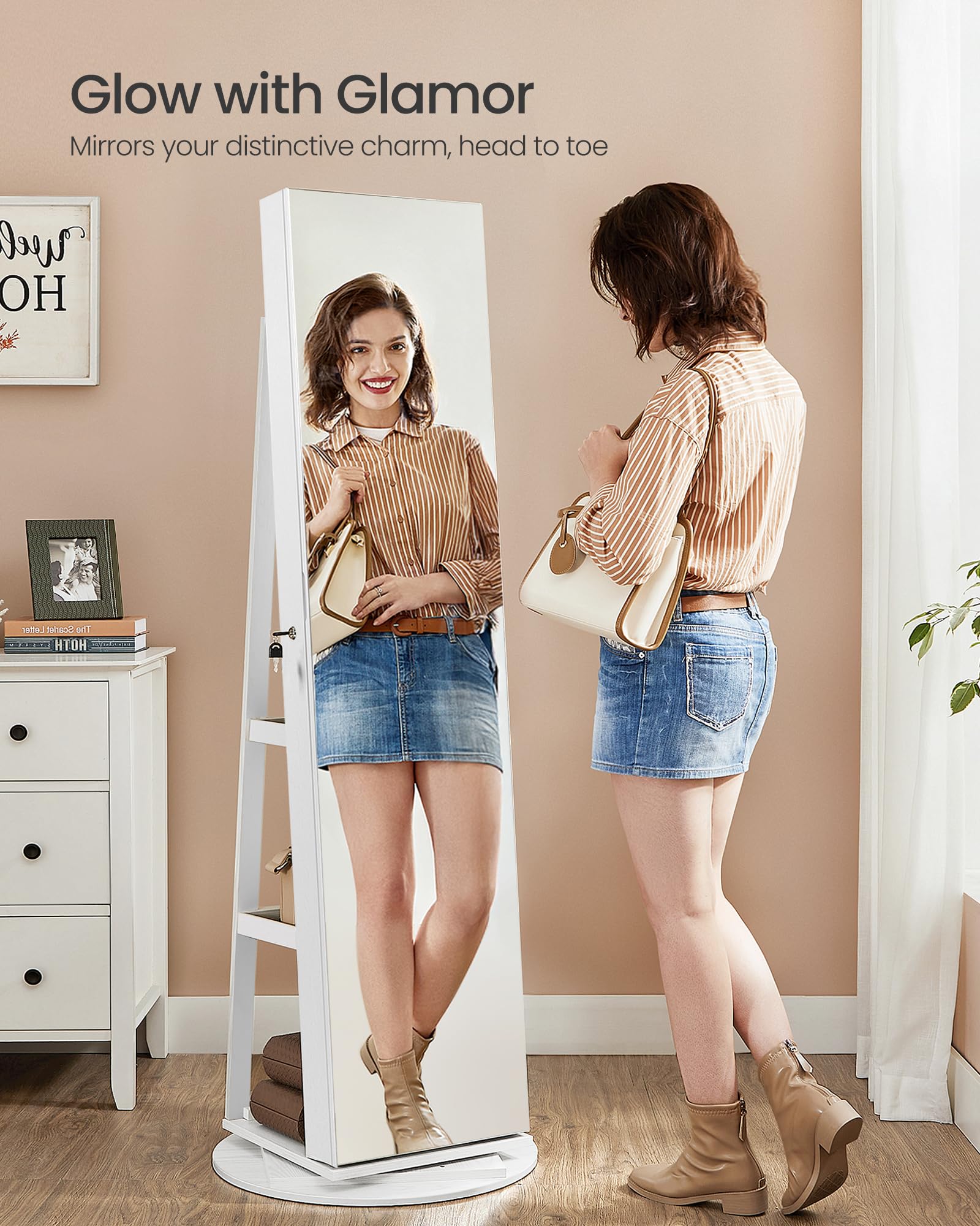 LED Lockable Mirror Jewelry Cabinet with 360° Swivel Stand