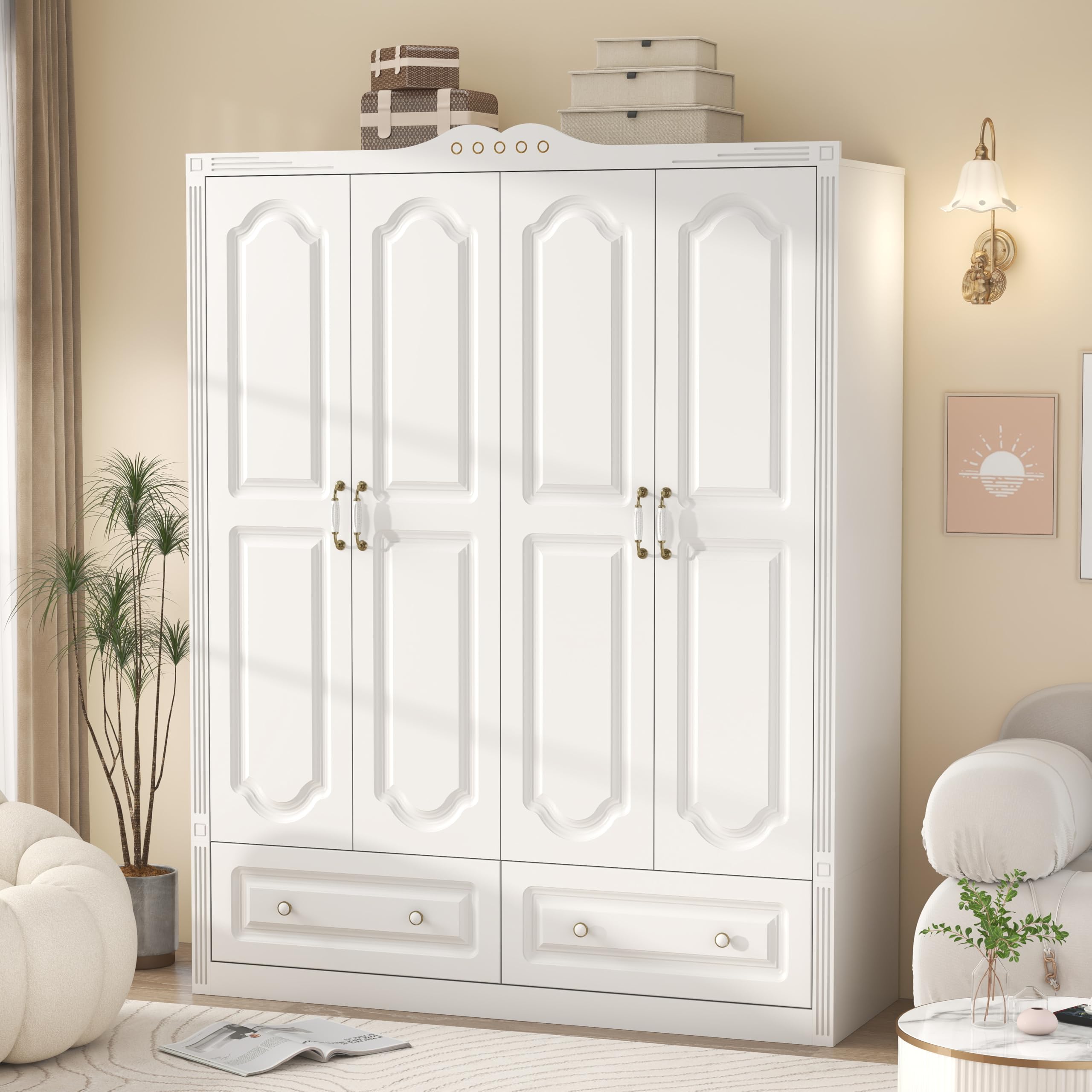 Wardrobe Closet with Drawers and Hanging Rod