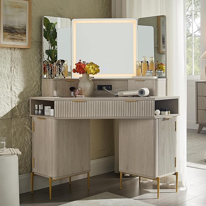 48" Fluted Makeup Vanity Desk with HD Triple Mirror and Lights