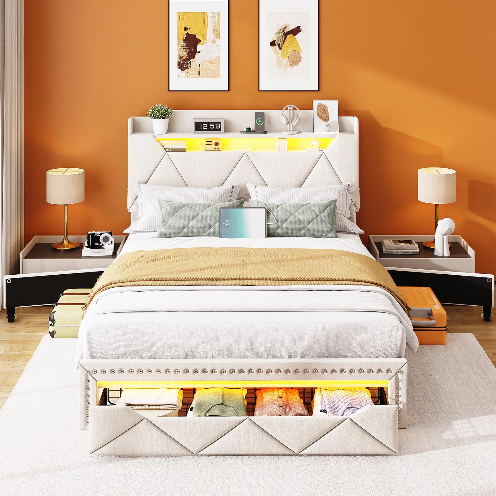 Queen Size Storage Bed with LED Lights