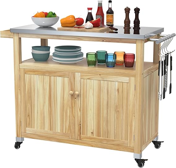 Outdoor Storage Cabinet Solid Wood Prep Grill Table with Stainless Steel Top
