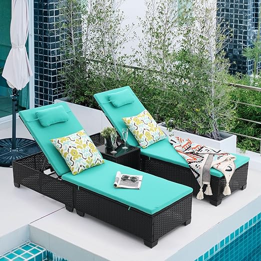 Patio PE Wicker Chaise Lounge Set with Table - Green
