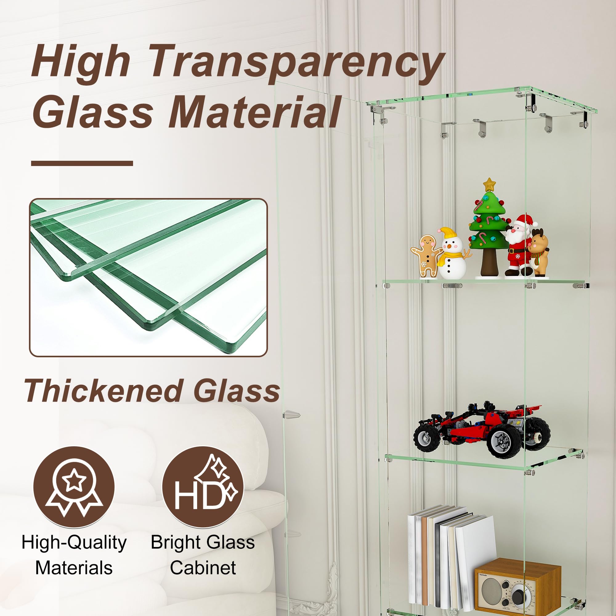 Glass Display Cabinet with LED Light and Wheels