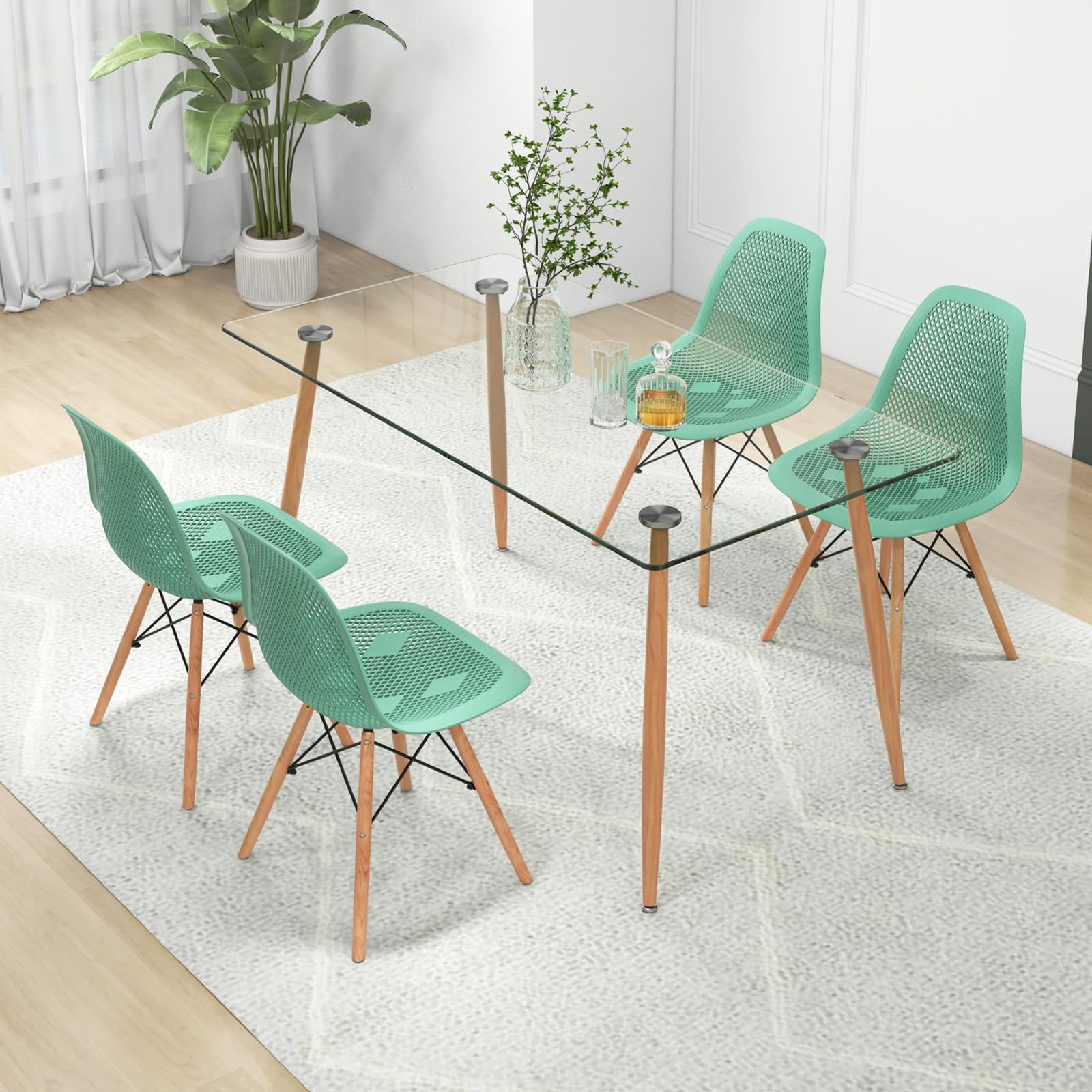 5-Piece Dining Table Set with Glass Top and Mesh Chairs