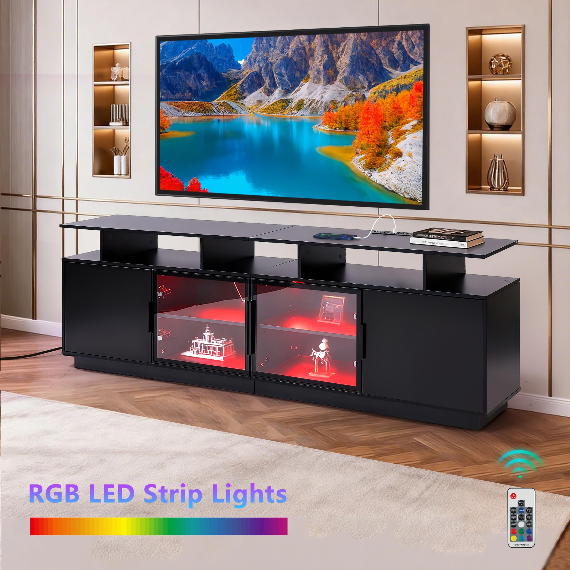 70 Inch TV Stand with LED Lights and Charging Station