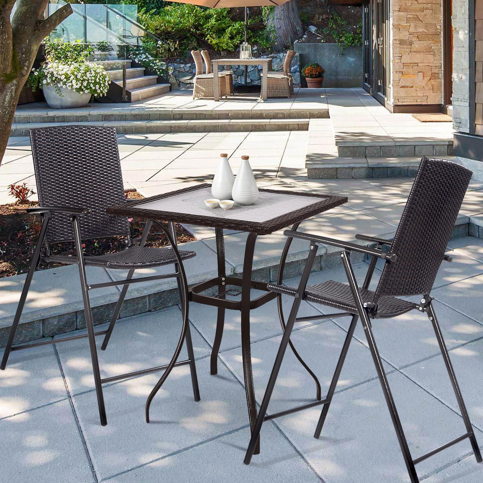 Folding Rattan Bar Stools Set of 4 with Armrests