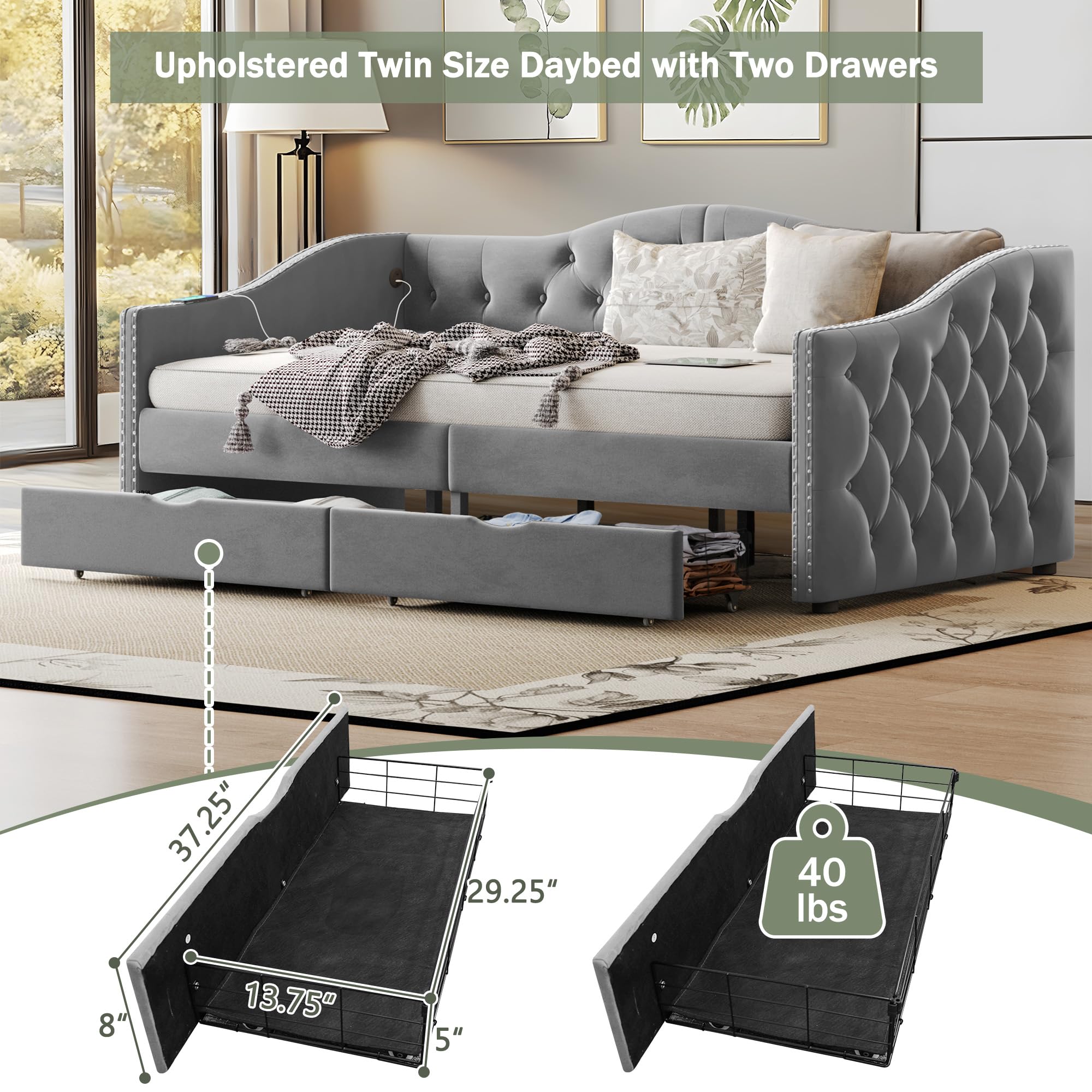 Twin Size Daybed with Storage Drawers and USB Ports