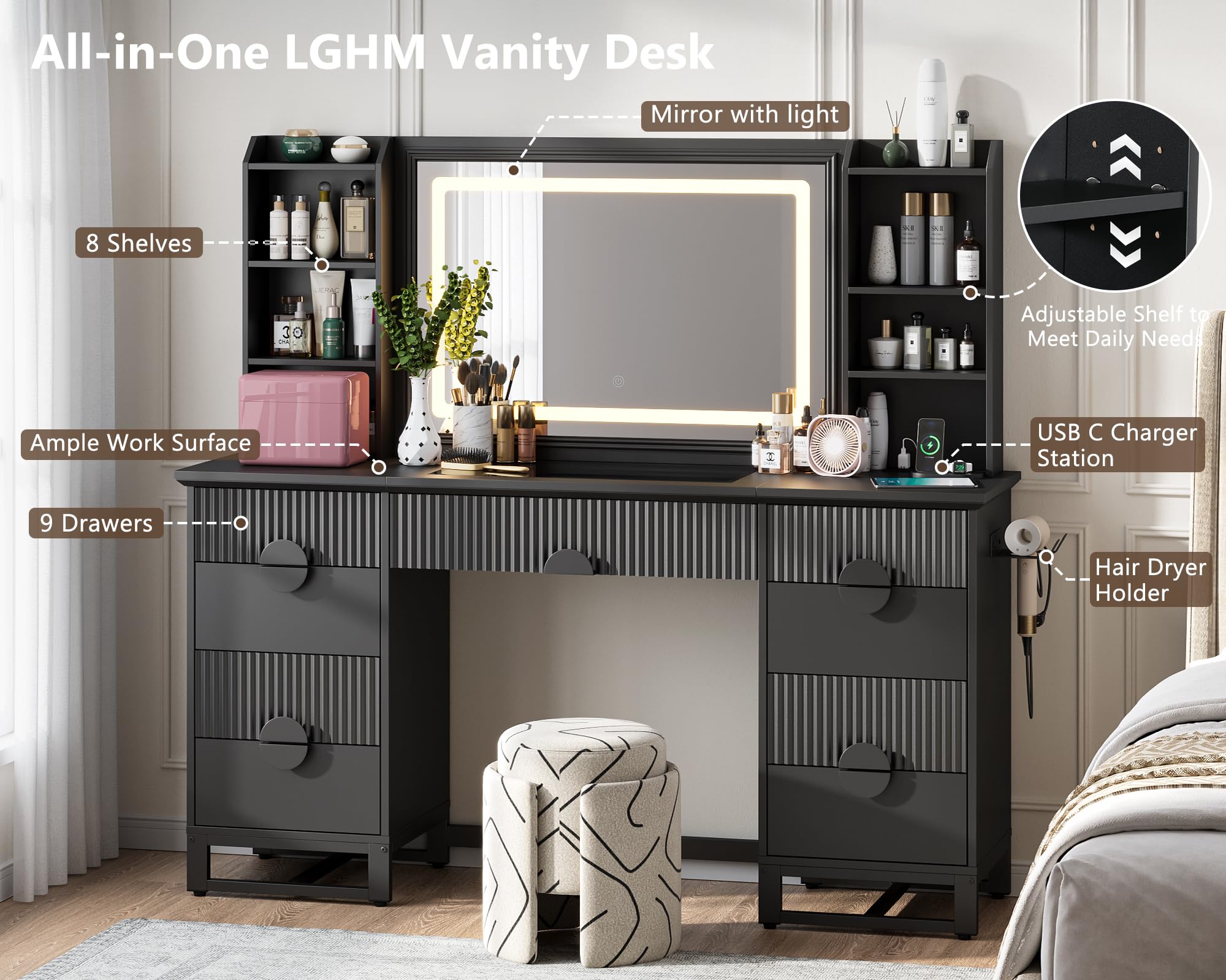 60" Fluted Vanity Desk with Mirror and Lights