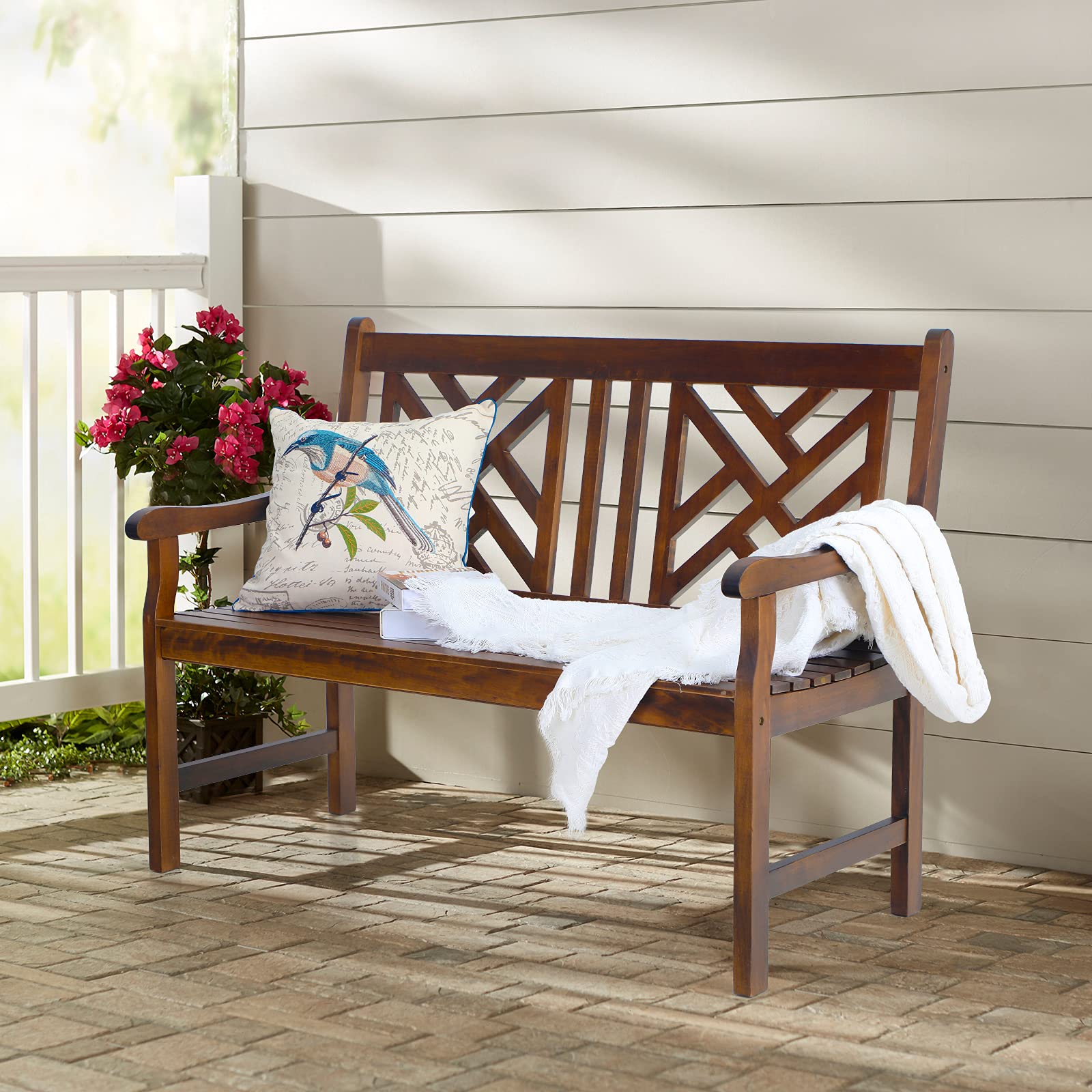 Outdoor Wood Bench 47" Weatherproof Patio Seating
