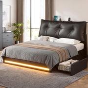 Full Size Upholstered Bed Frame with LED Lights, Storage Drawers & Charging Station