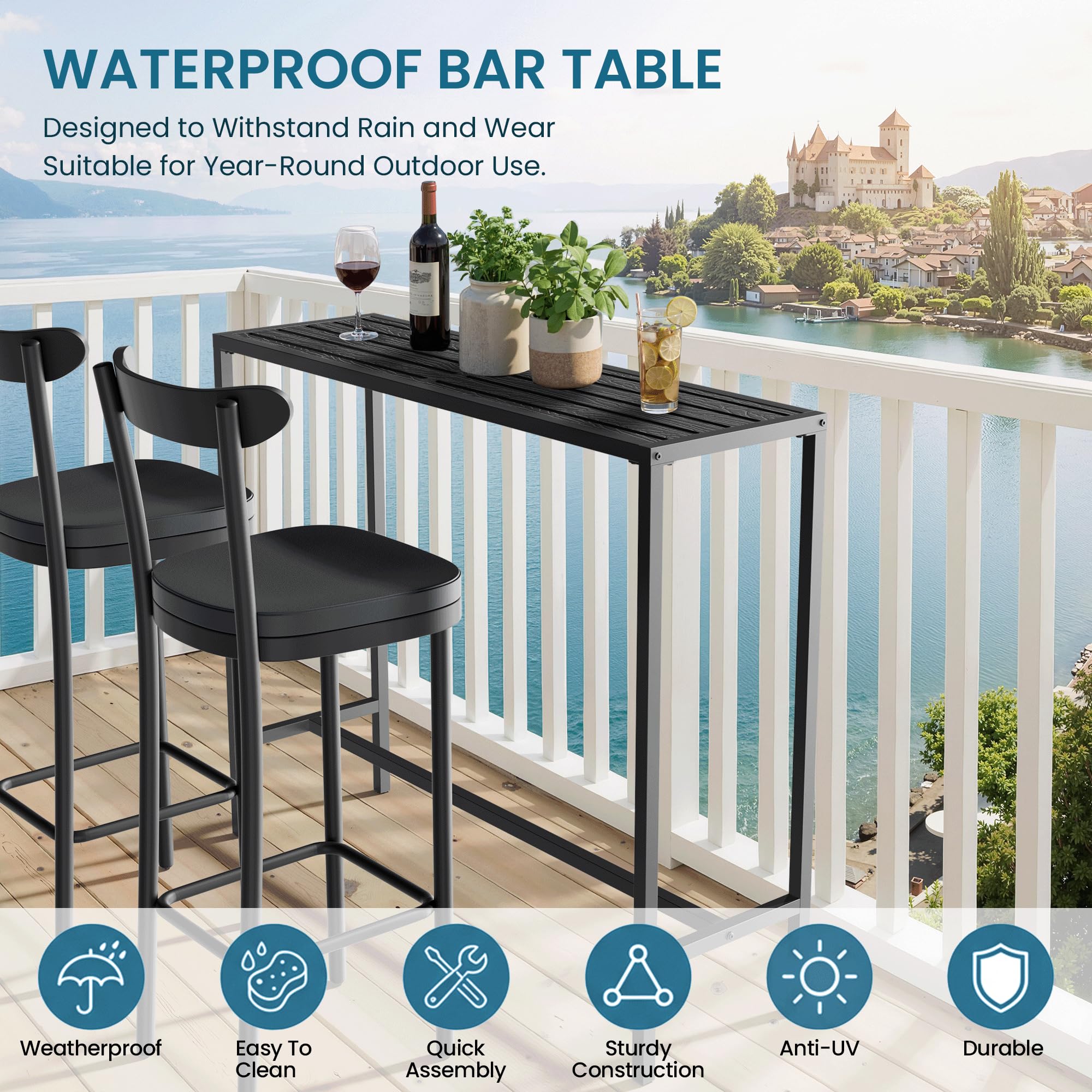 Outdoor Bar Height Table Black Metal Weatherproof