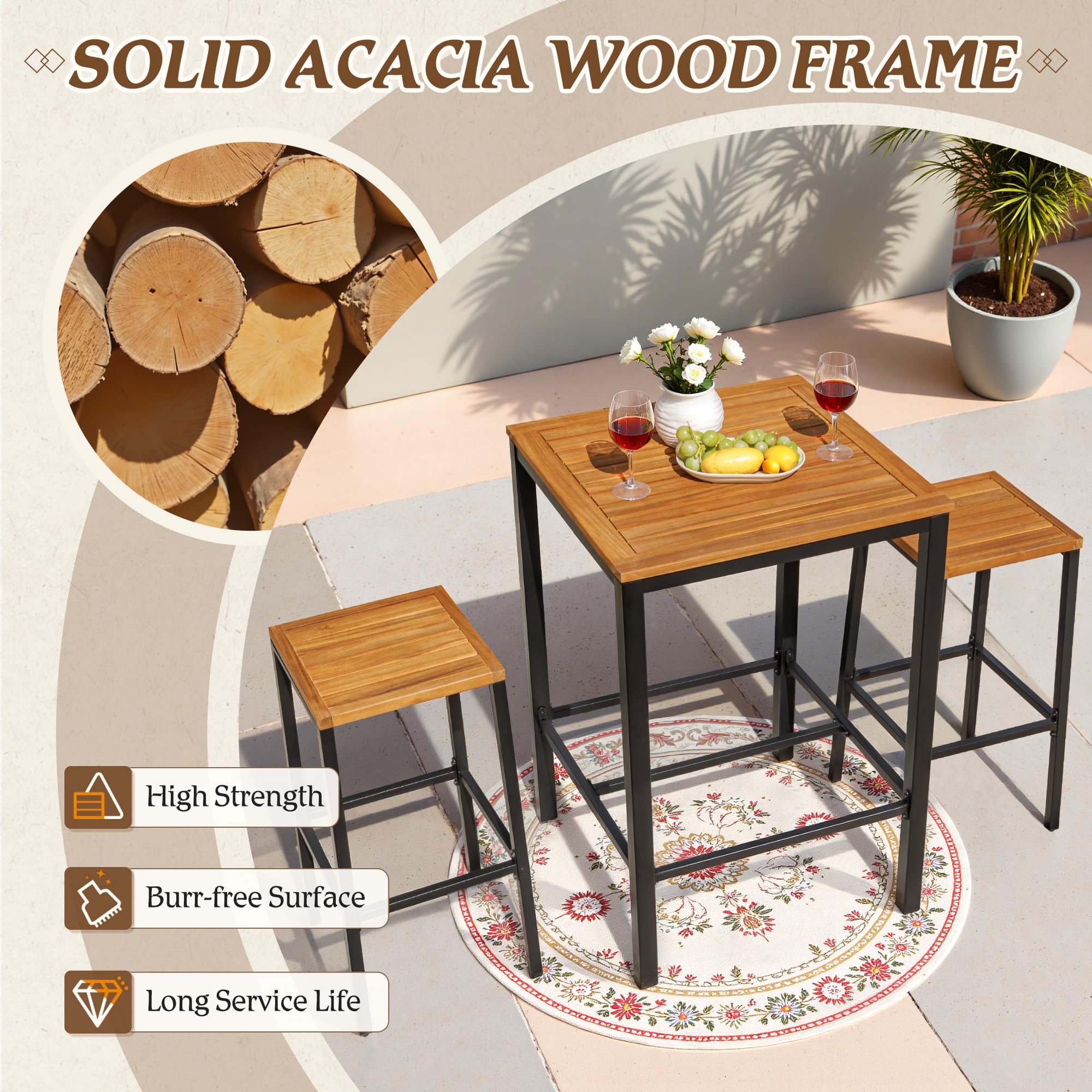 Acacia Wood Outdoor Patio Bar Set with 2 Stools