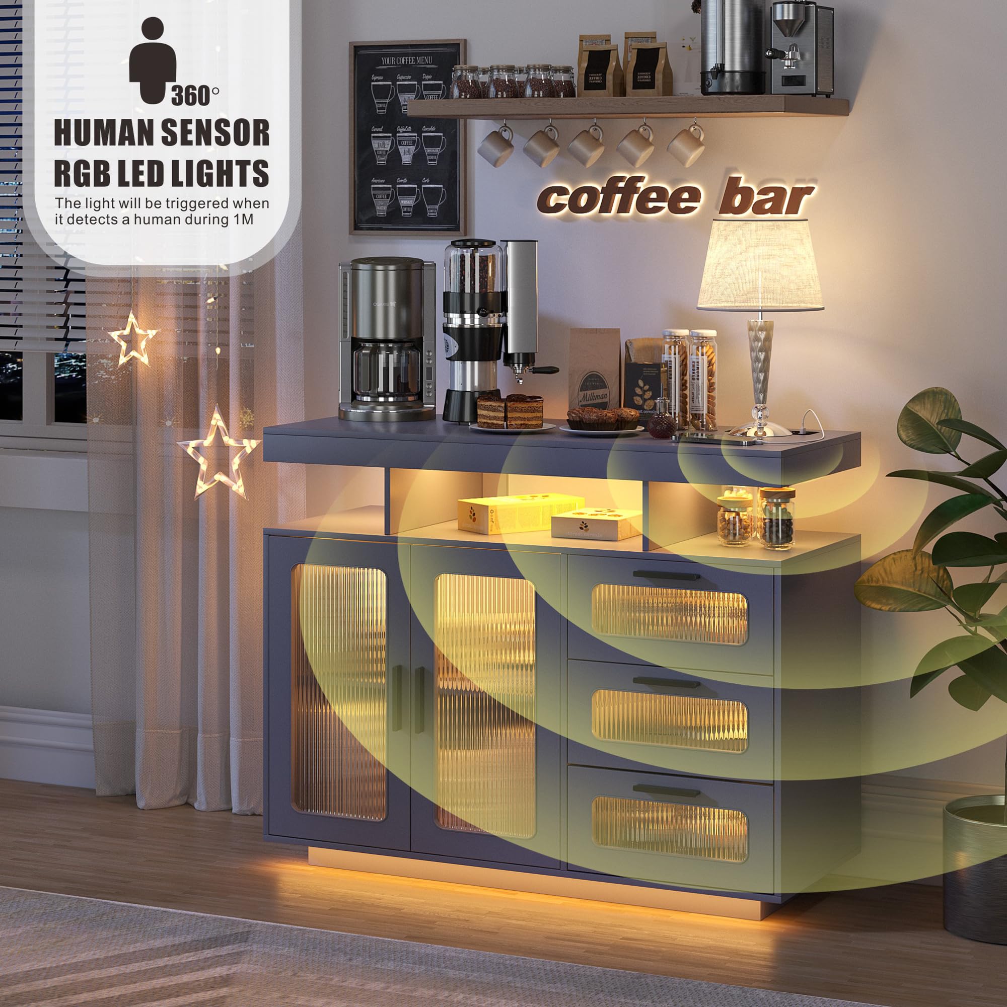 Coffee Bar Cabinet with RGB LED Lighting and Charging Station