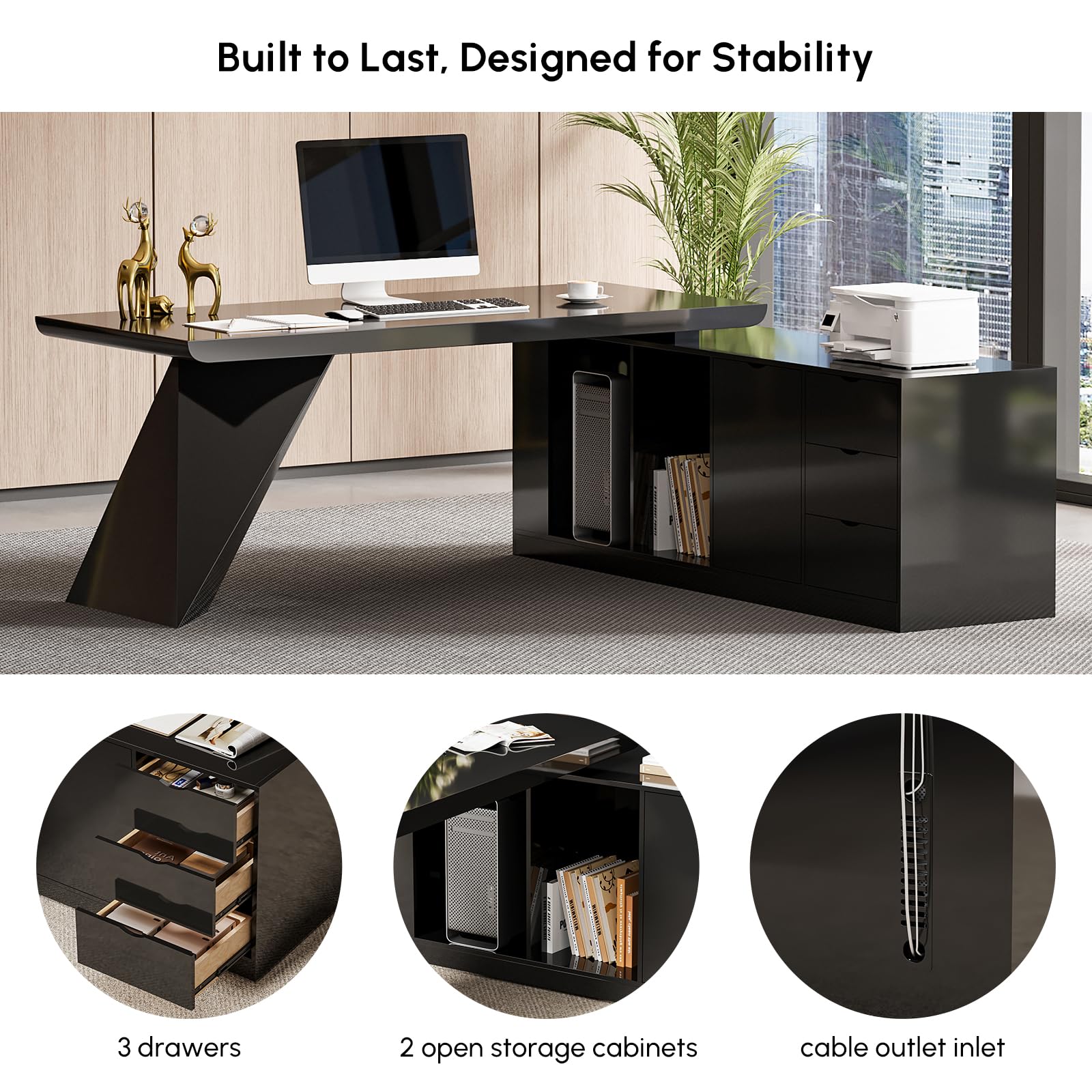 L-Shape Executive Desk with Drawers and Cabinet