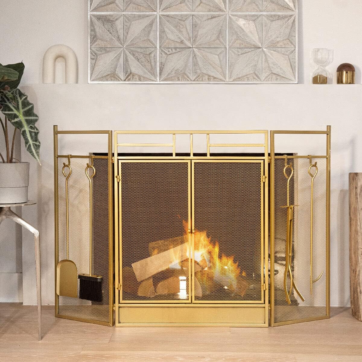 3-Panel Folding Fireplace Screen with Tools