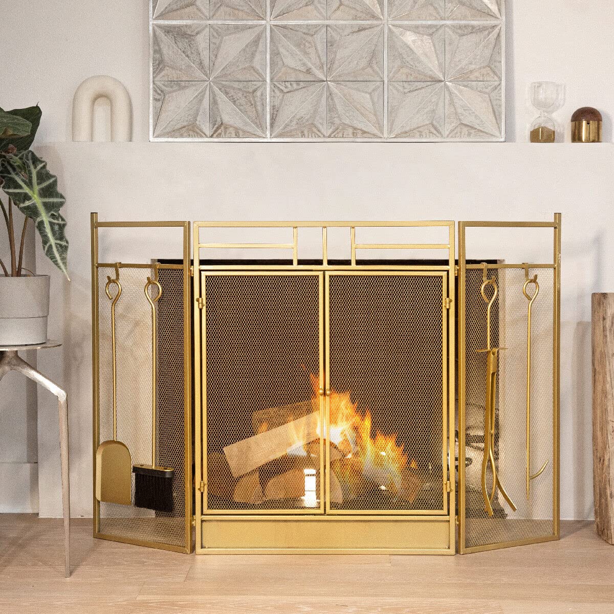 3-Panel Folding Fireplace Screen with Tools