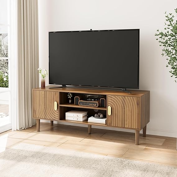 Walnut TV Stand with Line Groove Design - 47.2" Mid Century Modern Media Console