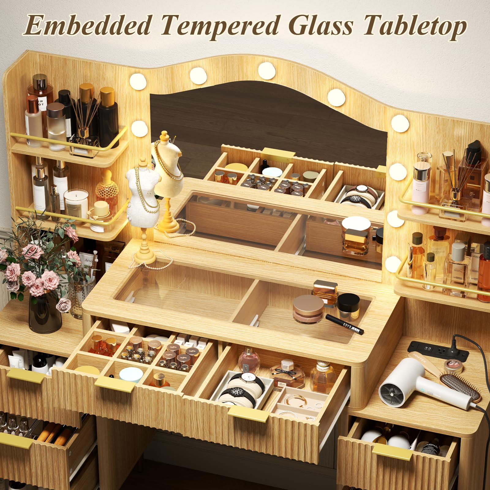 55" Fluted Vanity Desk with Mirror and Lights